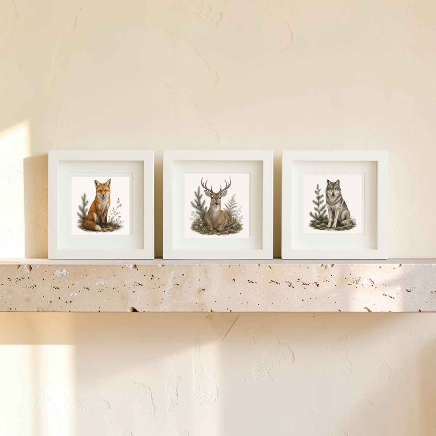 Displayed side by side on a stone shelf against a softly textured wall, the Winter Vigil Wildlife Shadowbox Trio | 5x5 by Mirabilia Boutique features framed illustrations of a fox, deer, and wolf. Part of the Star & Solstice Collection, this winter wildlife art is beautifully illuminated as sunlight casts gentle shadows on the left side, capturing the serene charm of woodland animal shadowboxes.