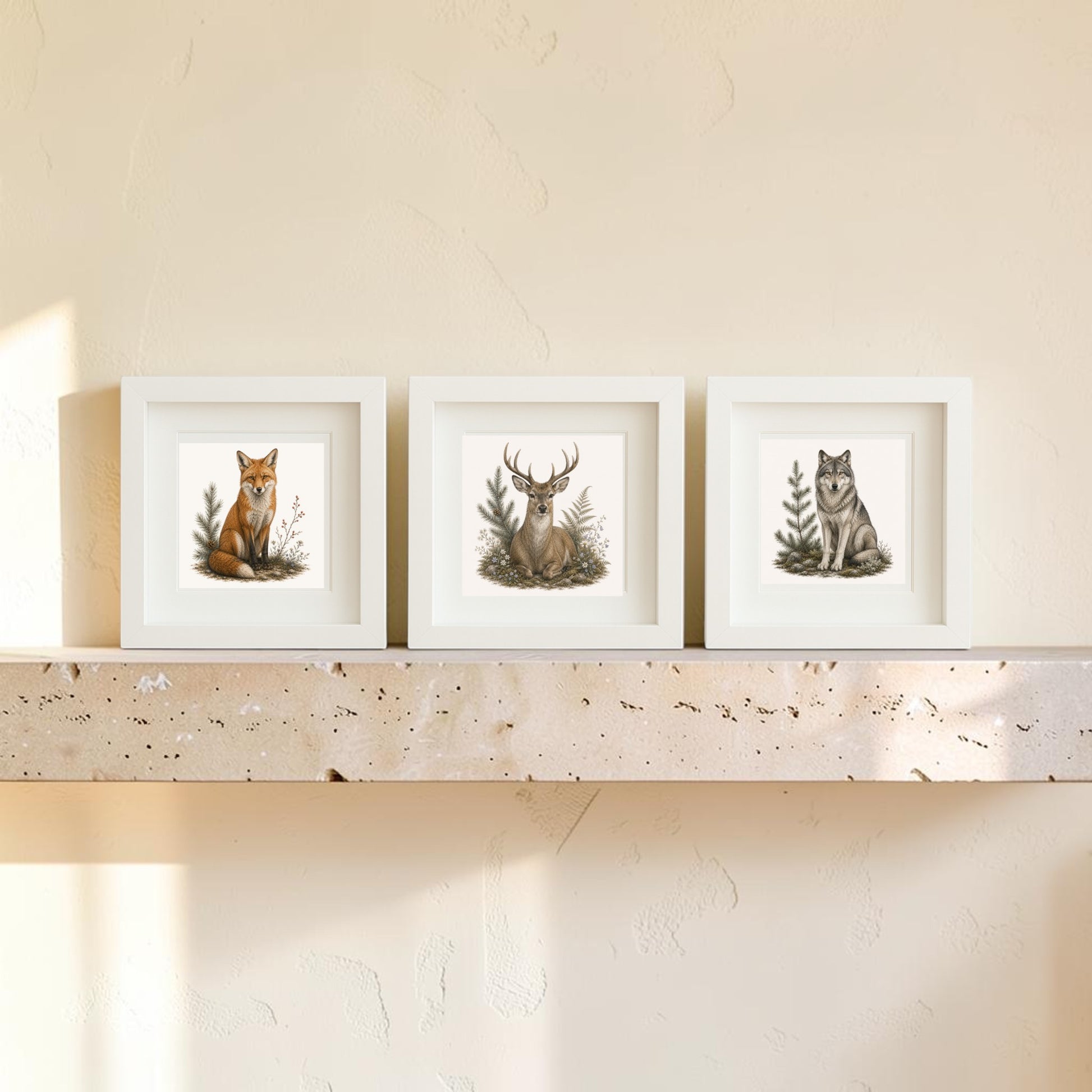 Displayed side by side on a stone shelf against a softly textured wall, the Winter Vigil Wildlife Shadowbox Trio | 5x5 by Mirabilia Boutique features framed illustrations of a fox, deer, and wolf. Part of the Star & Solstice Collection, this winter wildlife art is beautifully illuminated as sunlight casts gentle shadows on the left side, capturing the serene charm of woodland animal shadowboxes.