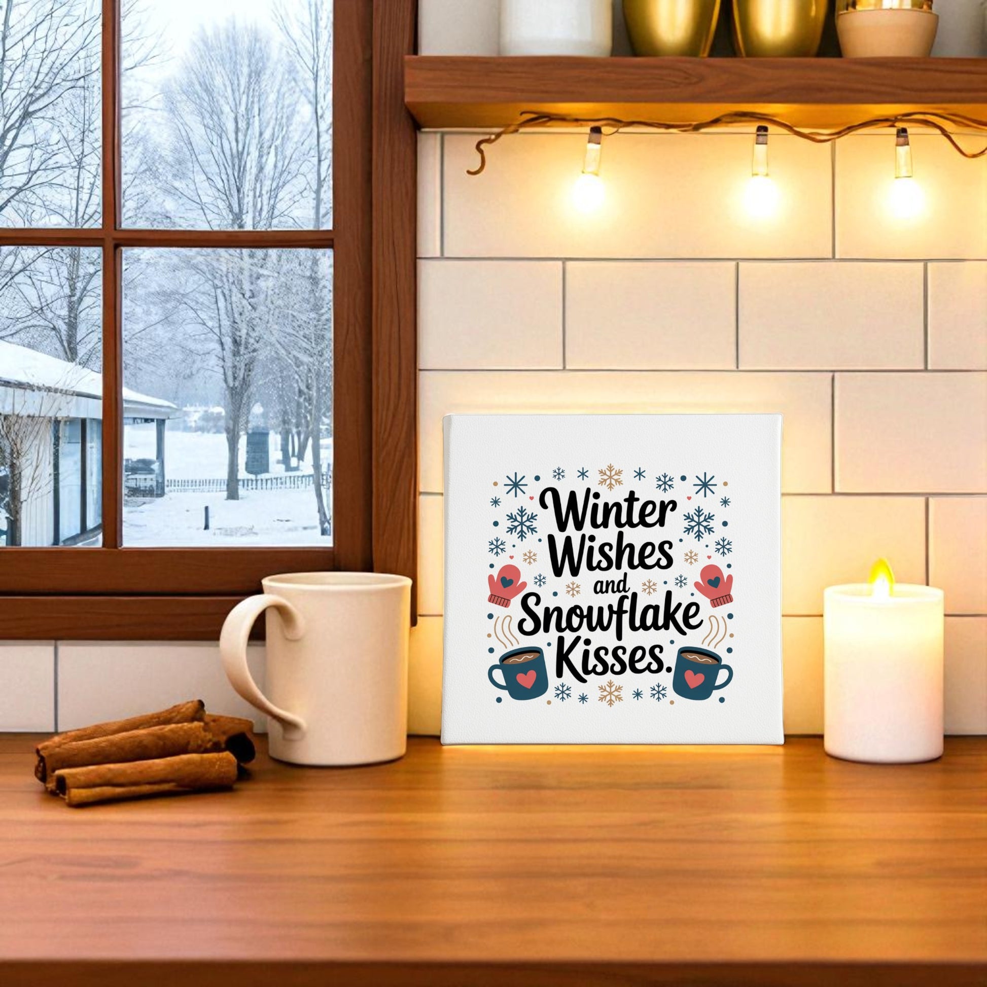 A cozy kitchen features a Mirabilia Boutique Winter Wishes Canvas Sign | Holiday Home Decor 8x8, a candle, mug, and cinnamon sticks on a wooden counter. Outside the window, snowy trees complete the festive scene.