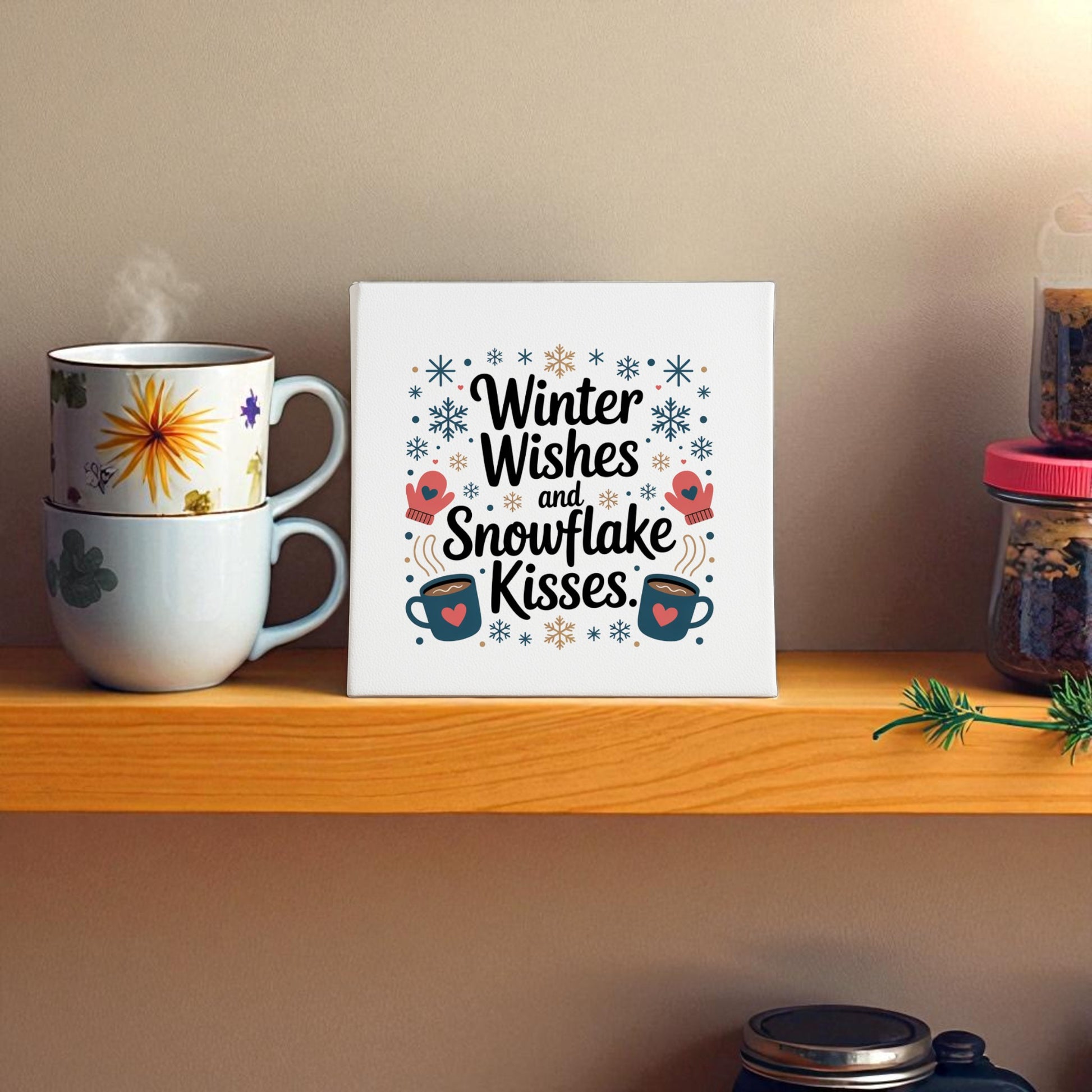 The Mirabilia Boutique Winter Wishes Canvas Sign | Holiday Home Decor 8x8 features "Winter Wishes and Snowflake Kisses" with charming snowflakes, hearts, and mugs—a perfect seasonal accent for your cozy home.