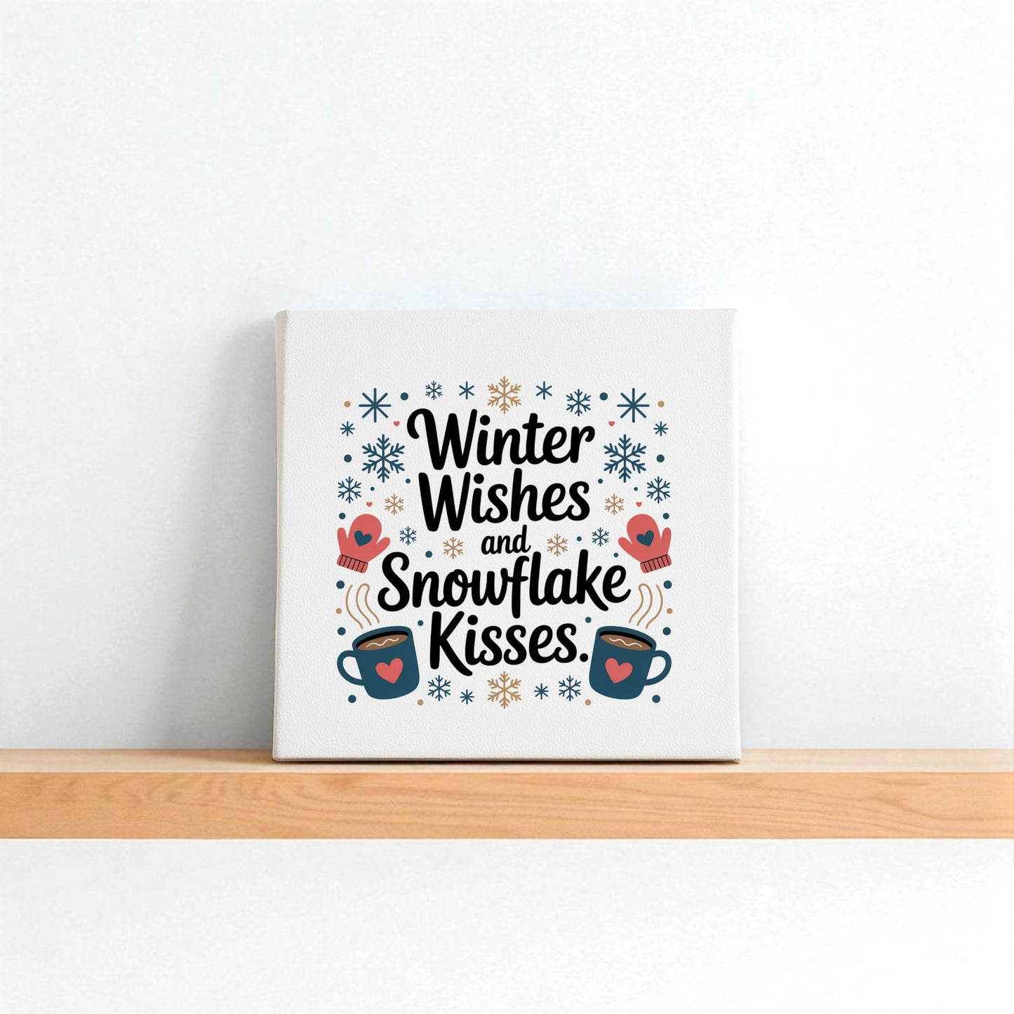 The Mirabilia Boutique Winter Wishes Canvas Sign (8x8) features “Winter Wishes and Snowflake Kisses” with snowflakes, mittens, and mugs—an adorable holiday home décor accent for the season.