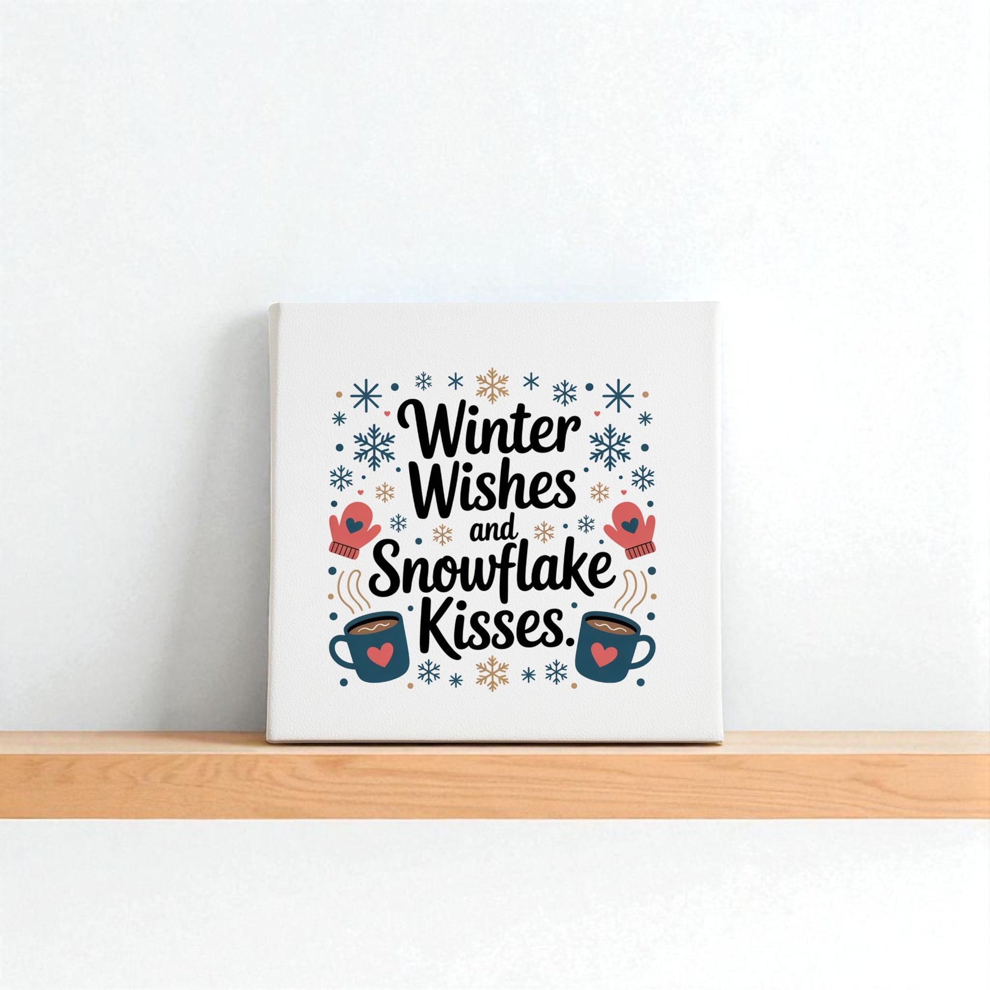 The Mirabilia Boutique Winter Wishes Canvas Sign (8x8) features “Winter Wishes and Snowflake Kisses” with snowflakes, mittens, and mugs—an adorable holiday home décor accent for the season.