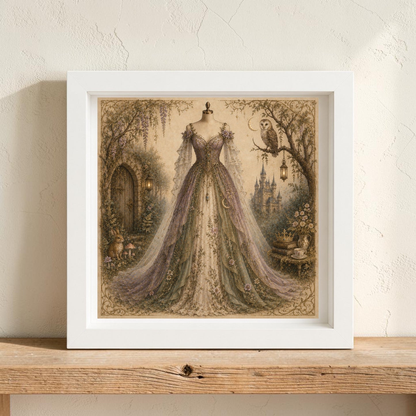 Wisteria Dreams | Curated Couture Artwork by Mirabilia Boutique features a detailed, ornate gown on a mannequin surrounded by woodland animals, an owl, a castle, and a fairy tale garden scene—all rendered in muted, vintage tones that capture the magic of an enchanted hollow. Elegantly displayed as framed canvas artwork on a wooden shelf against a textured wall, this piece from Mirabilia Boutique brings the charm of a storybook tableau to your space.