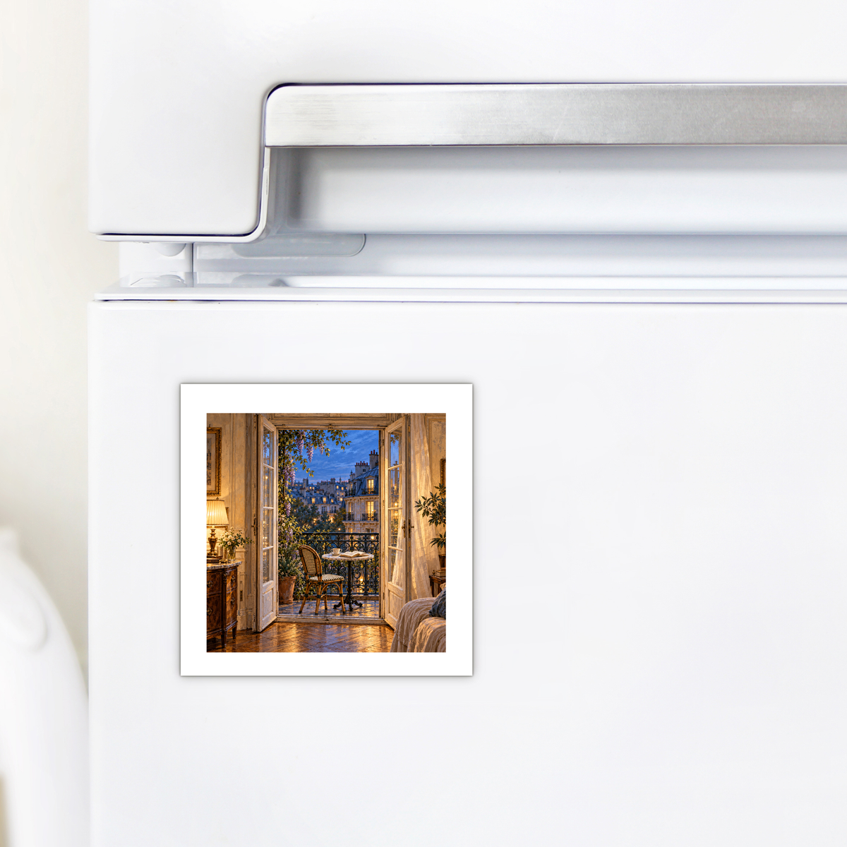 Square Blue Hour on the Balcony Magnet | Paris Toujours hardboard magnet on a white refrigerator showing an open doorway leading to a balcony overlooking an evening city illustration of a Paris street at twilight.