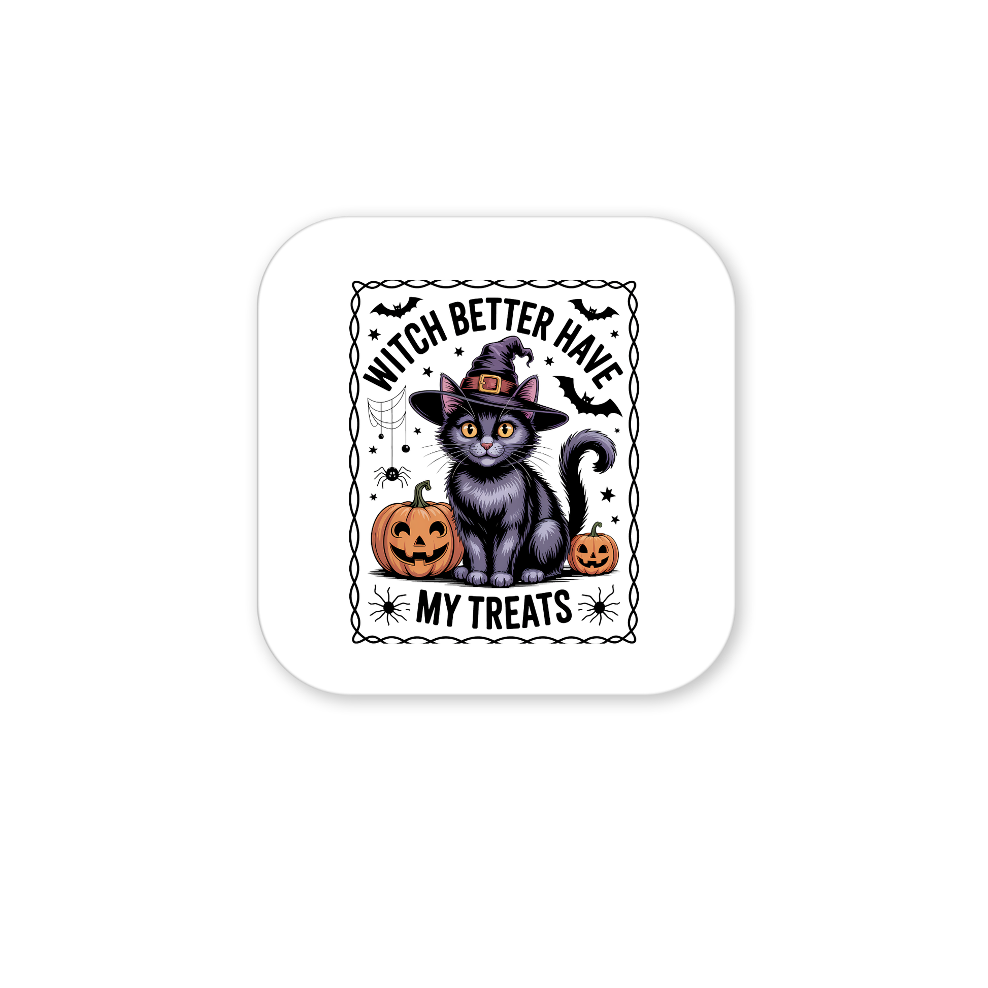 The Mirabilia Boutique Black Cat Witch Magnet features a cute black cat in a witch hat between jack-o’-lanterns, spiders, bats, and stars with “Witch better have my treats”—perfect Halloween decor!.