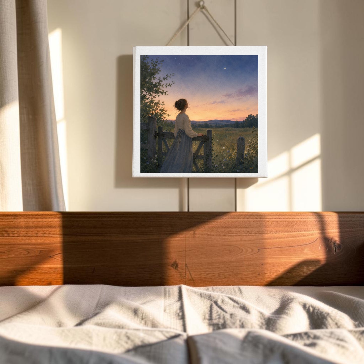 A framed “Wonder, Always Twilight Landscape Canvas Art | 8x8” by Mirabilia Boutique, depicting a woman at a gate during sunset, hangs above a wooden headboard, while sunlight and shadows fall across an unmade bed.