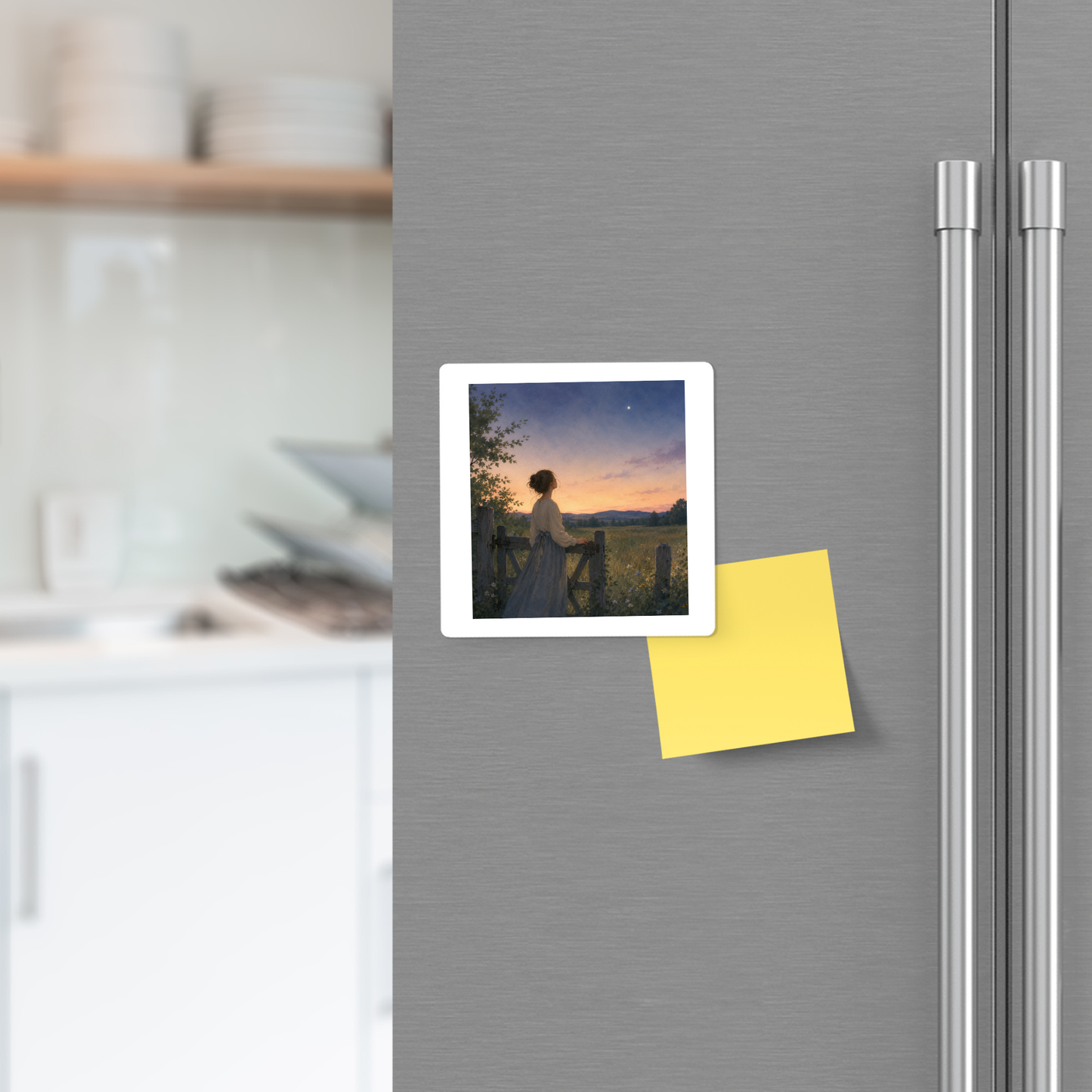 A refrigerator door displays the Wonder, Always Twilight Landscape Magnet | Nature Art from Mirabilia Boutique’s Star & Solstice Collection, securing a photo of a woman standing by a fence at sunset; beside it is a yellow sticky note, and a kitchen shelf is visible in the background.