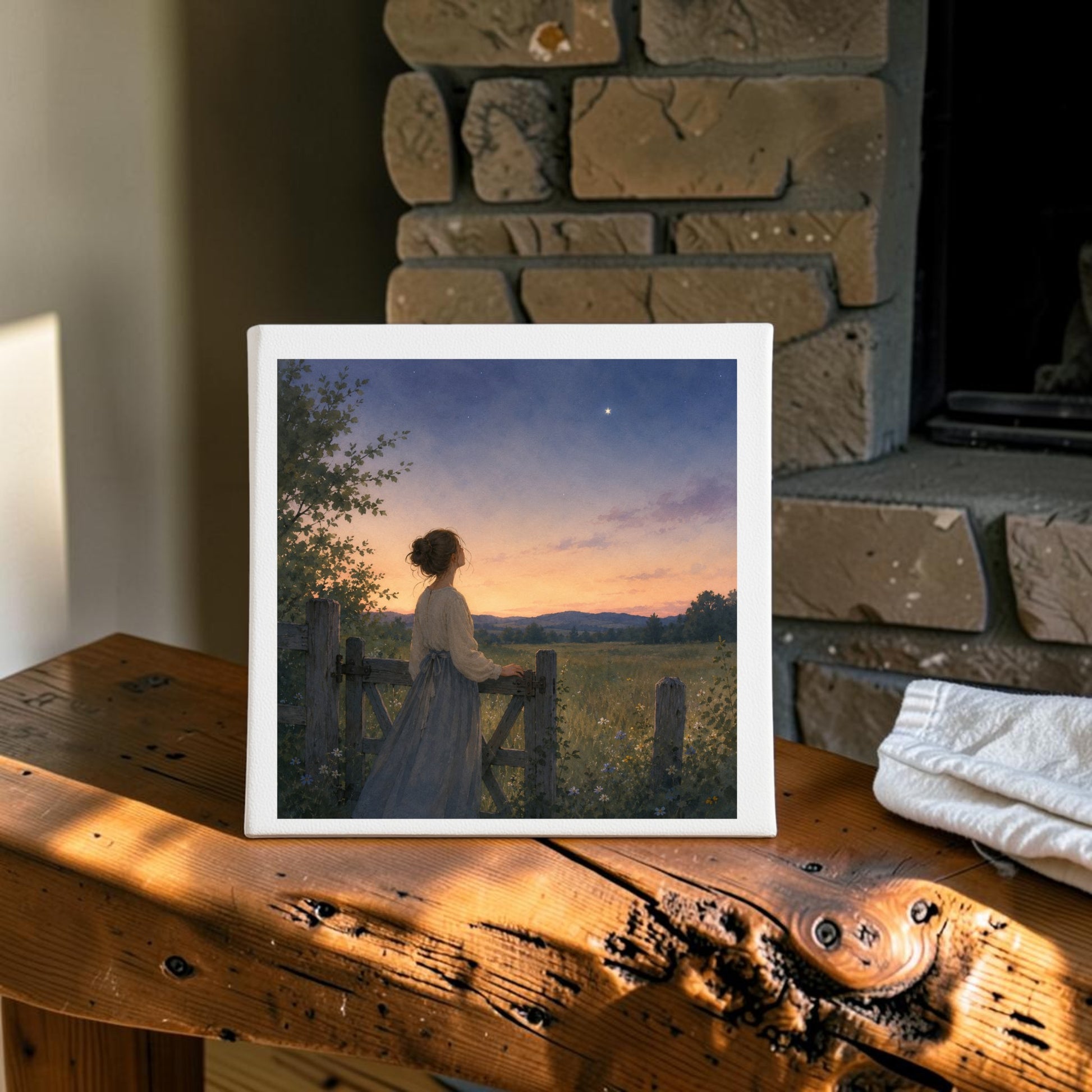 The Wonder, Always Twilight Landscape Canvas Art (8x8) from Mirabilia Boutique’s Star & Solstice Collection features a woman gazing at a star during sunset, elegantly displayed on a rustic wooden table before a stone fireplace.