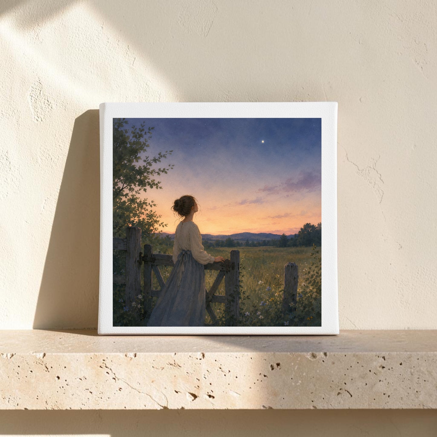 The “Wonder, Always Twilight Landscape Canvas Art | 8x8” from Mirabilia Boutique’s Star & Solstice Collection features a woman in a dress standing by a gate, gazing at a star in the evening sky above an open field, while soft sunlight casts subtle shadows on the wall behind this artwork.