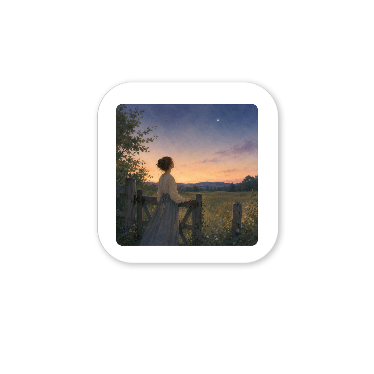 A woman in a long dress stands by a wooden fence, gazing at a star in the twilight sky above a tranquil wildflower meadow and distant hills—a serene scene inspired by the Wonder, Always Twilight Landscape Magnet | Nature Art from Mirabilia Boutique.