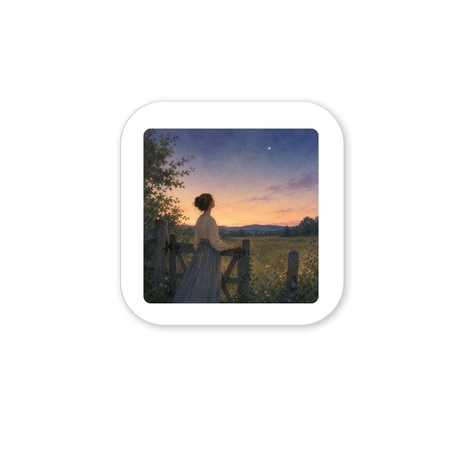 A woman in a long dress stands by a wooden fence, gazing at a star in the twilight sky above a tranquil wildflower meadow and distant hills—a serene scene inspired by the Wonder, Always Twilight Landscape Magnet | Nature Art from Mirabilia Boutique.