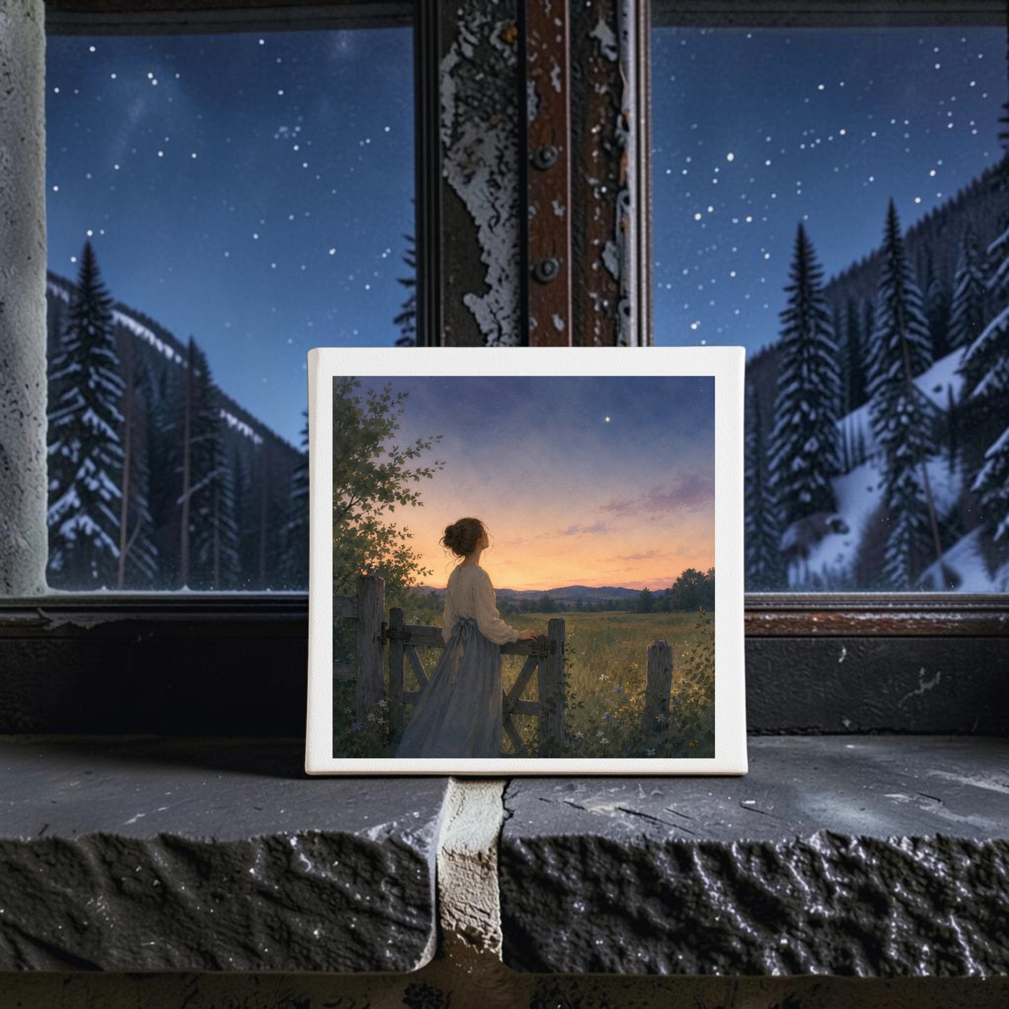 The Wonder, Always Twilight Landscape Canvas Art (8x8) from Mirabilia Boutique’s Star & Solstice Collection portrays a woman standing by a fence at sunset, beautifully displayed on a stone windowsill. Beyond the window, snowy pine trees and a starry night sky enhance the enchanting scene of this captivating artwork.