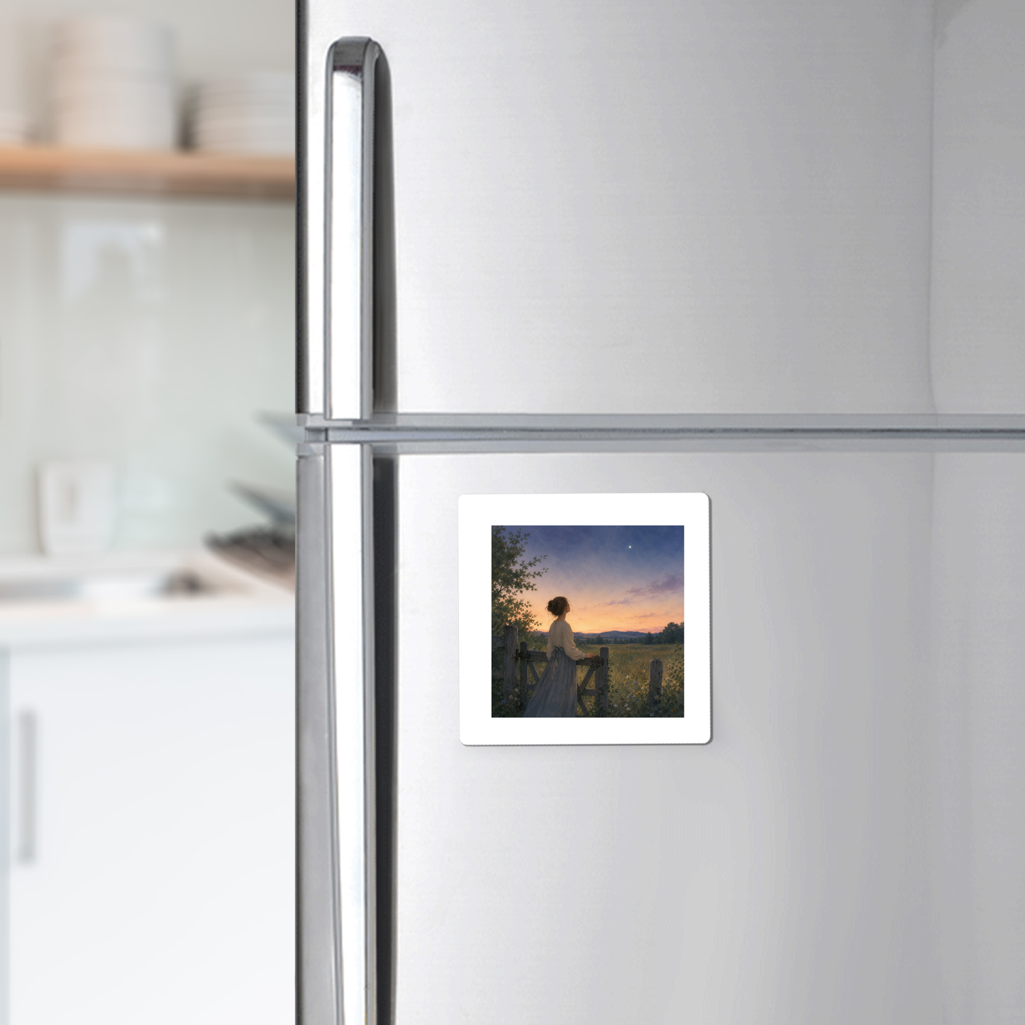 The Wonder, Always Twilight Landscape Magnet | Nature Art by Mirabilia Boutique from the Star & Solstice Collection is displayed on a silver refrigerator, featuring a person standing by a fence at sunset with trees, hints of a wildflower meadow, and a colorful sky in the background.