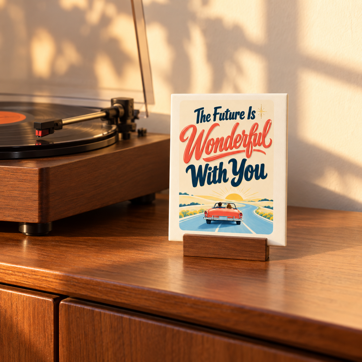 A The Future Is Wonderful With You Mini Canvas Sign | Chrome & Starlight on a wooden stand, featuring mid-century art of a couple in a red convertible driving toward a sunset on a coastal road, with the text: “The Future Is Wonderful With You.”.