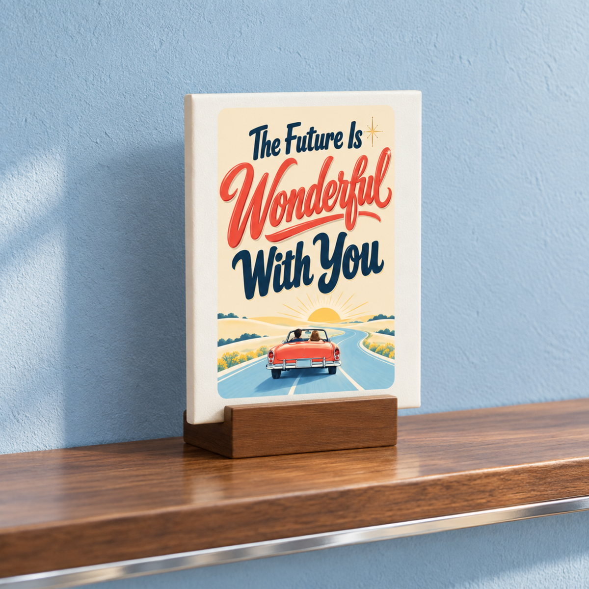 The Future Is Wonderful With You Mini Canvas Sign by Mirabilia Boutique features a mini canvas on a wooden stand depicting a red convertible driving toward a sunset, capturing a piece of mid-century artwork.