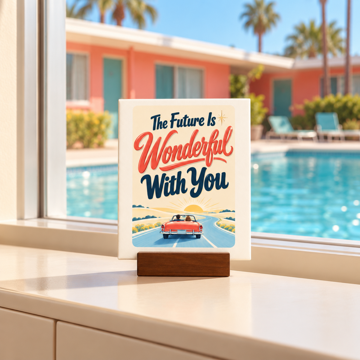 The Future Is Wonderful With You Mini Canvas Sign | Chrome & Starlight sits on a wooden stand, featuring mid-century artwork of a vintage car driving toward a sunrise as inspirational desk decor.