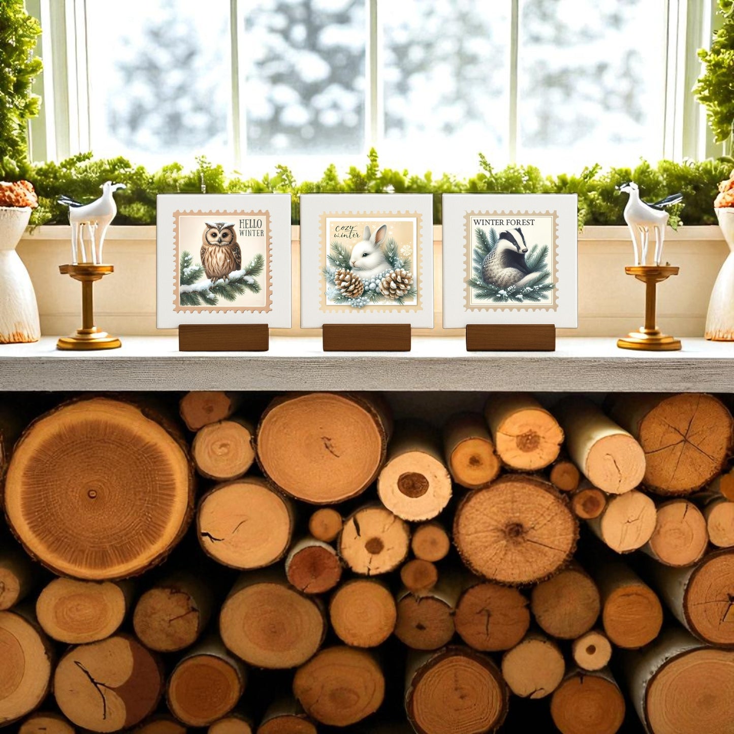 A cozy mantel features Mirabilia Boutique's Winter Forest Mini Sign Trio—4x4 canvas animal prints—paired with woodland decor, white bird figurines on gold stands, stacked firewood, and greenery by a snowy window.