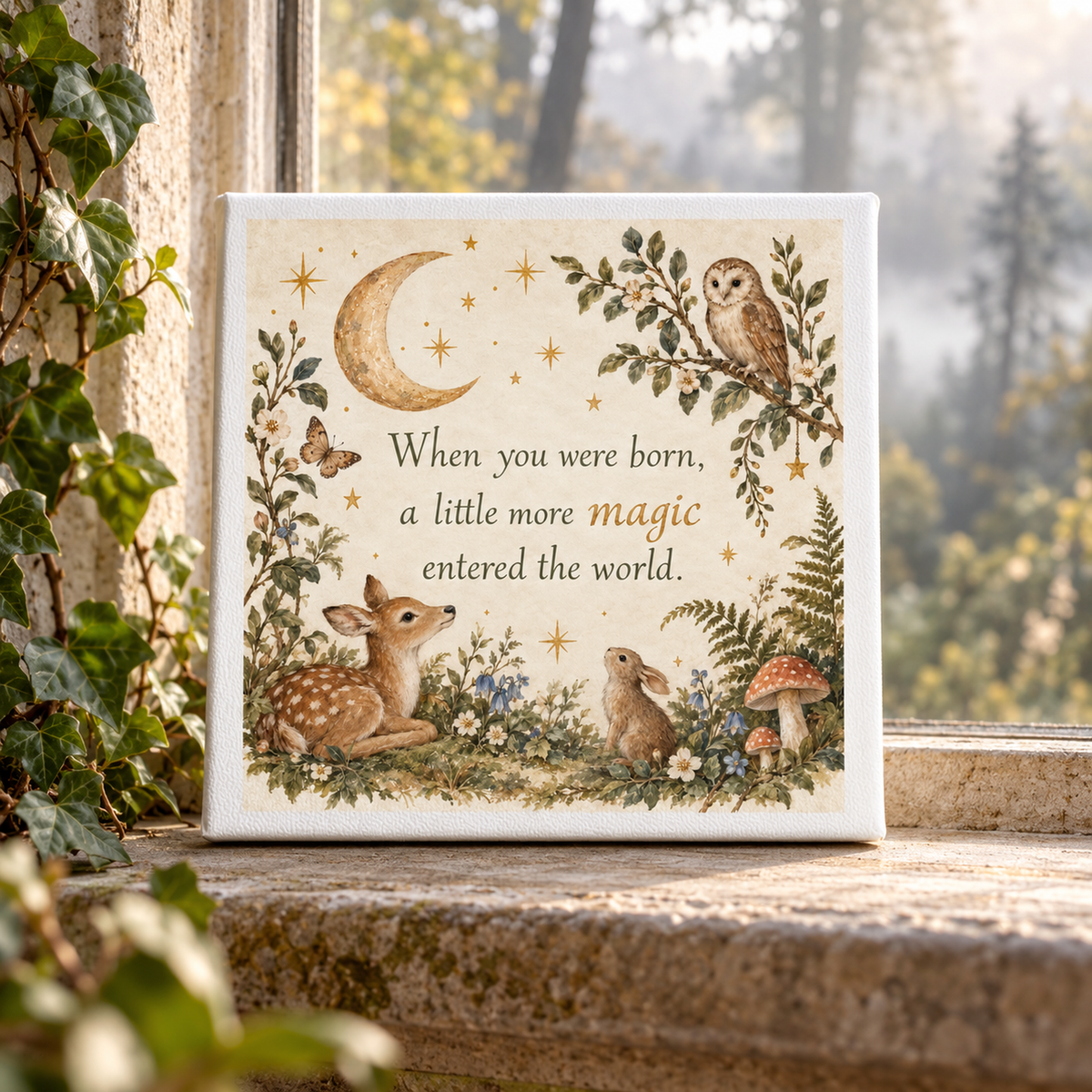 The “A Little More Magic 8x8 Woodland Nursery Canvas” by Mirabilia Boutique features enchanting woodland animals, a glowing moon, twinkling stars, and the heartfelt quote, “When you were born, a little more magic entered the world.” Set on a windowsill with ivy and a forest view outside, this Mirabilia Baby keepsake is the perfect addition to any nursery.
