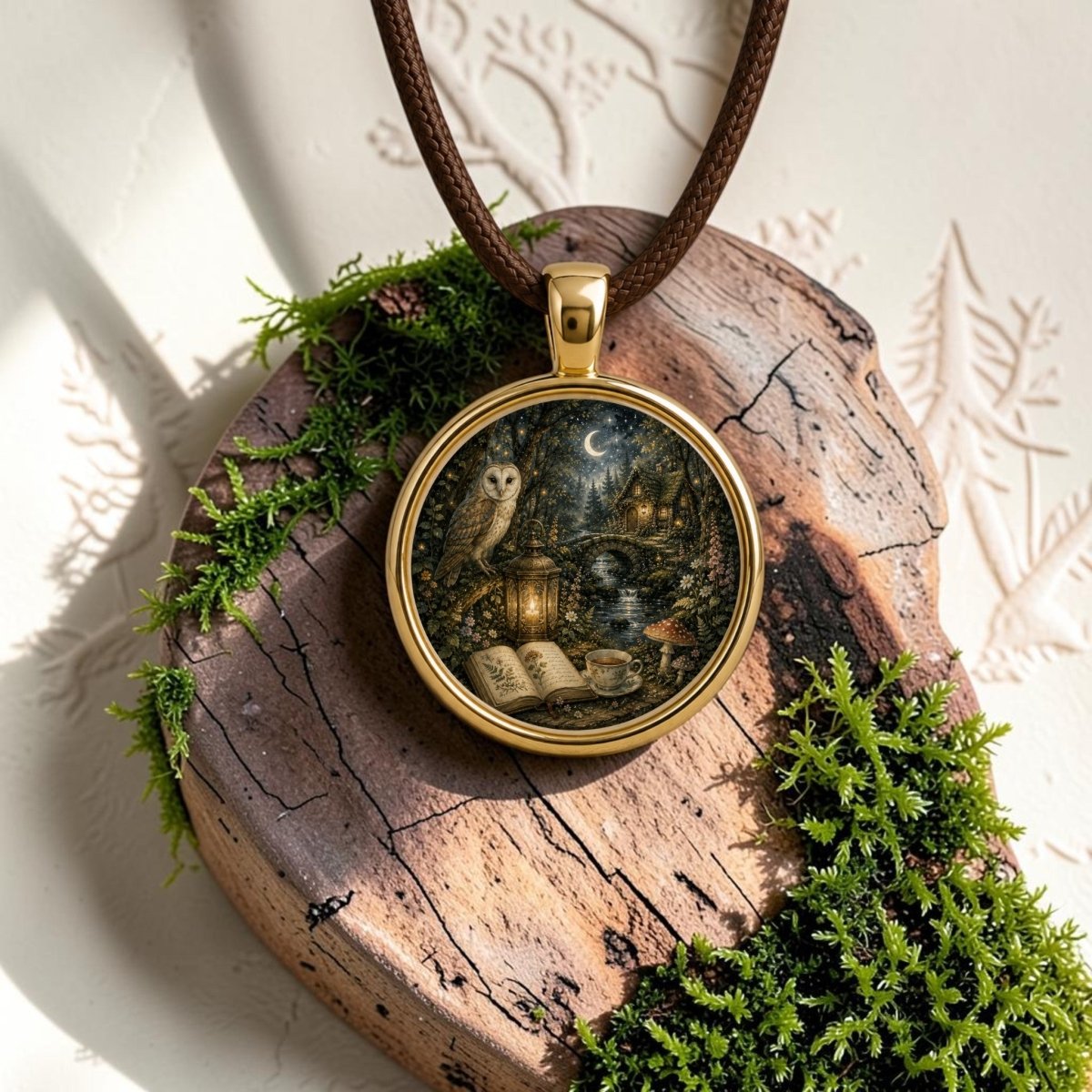Introducing The Woodland Chronicle | Story Pendant Necklace from Mirabilia Boutique: a gold wearable art piece from our Moon & Moss collection, showcasing an enchanting illustration of an owl, books, candles, and a moonlit night. This woodland story pendant is elegantly displayed on a wooden slab adorned with green moss accents.