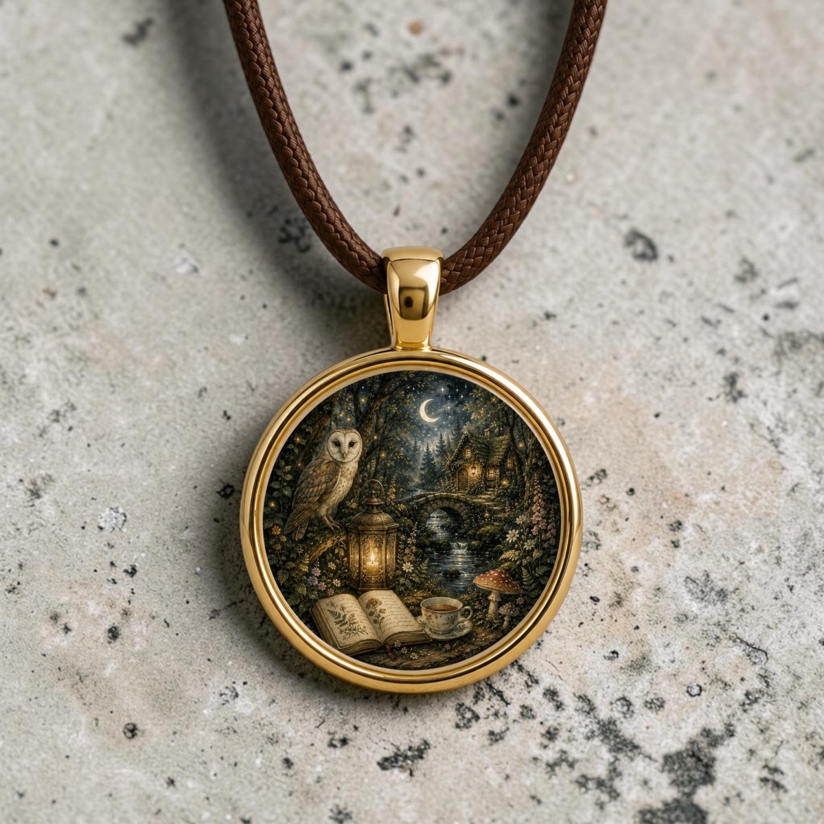 Introducing The Woodland Chronicle | Story Pendant Necklace by Mirabilia Boutique—a gold pendant necklace showcasing an illustrated scene of an owl, open books, a teacup, and cottages nestled under a crescent moon at night. Resting on a brown cord atop a textured stone surface, this enchanting piece is part of our Moon & Moss collection. A true wearable art necklace, it beautifully captures the magic of nighttime tales.