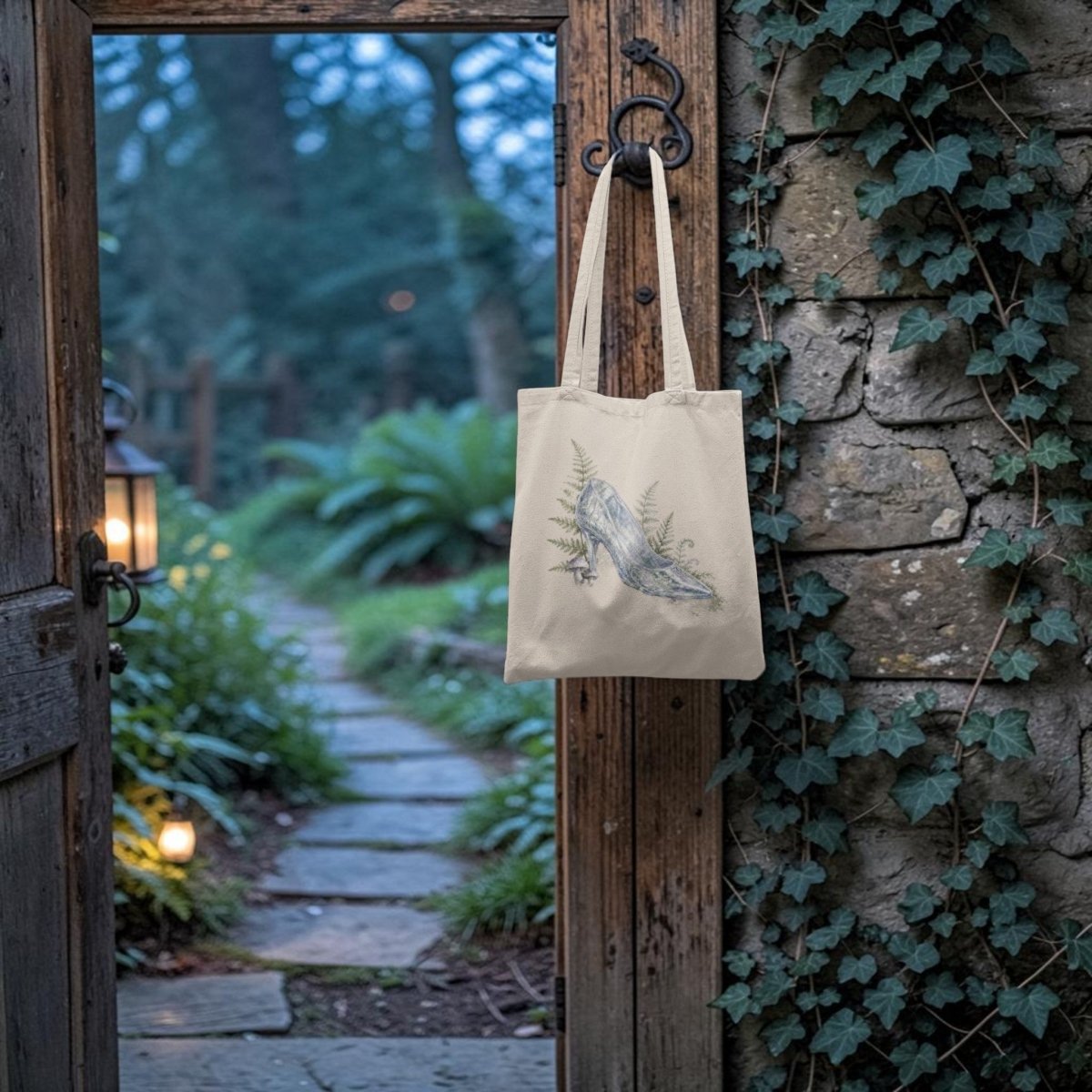 The Enchanted Glass Slipper Canvas Tote Bag by Mirabilia Boutique hangs gracefully on a rustic wooden door, its charming design featuring a delicate slipper motif. As the door opens to reveal a winding stone path surrounded by lush greenery and ivy-covered walls, lanterns softly illuminate the enchanting garden at dusk, creating a dreamy, fairy tale moment that perfectly complements this magical tote.