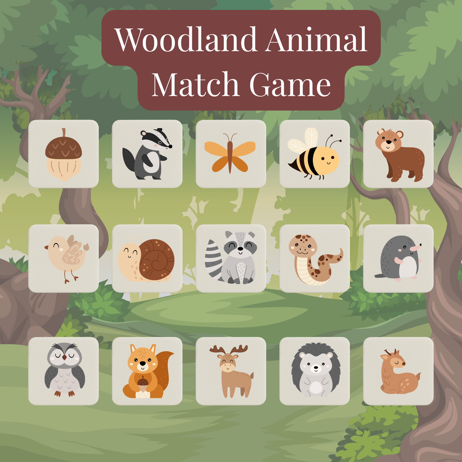 Mirabilia Boutique’s Woodland Animal Match Game is a kids’ memory game with 15 pairs of woodland icons like fox, badger, and owl on a forest background—perfect for preschool activities.