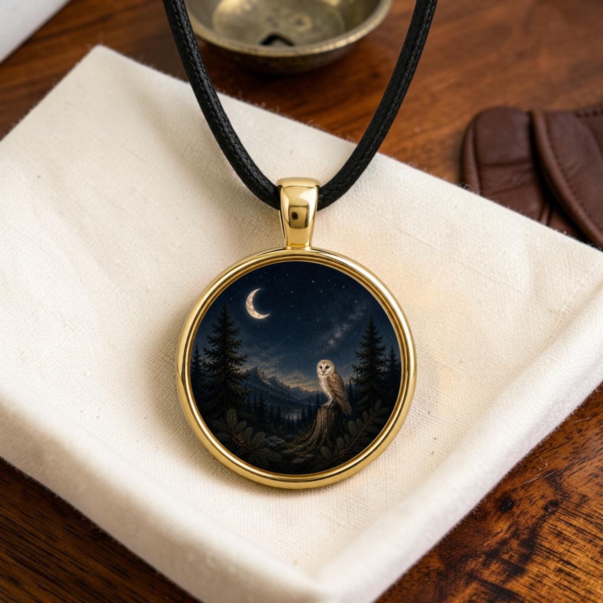 Introducing the Moonlit Watch Story Pendant Necklace | Owl Moon Jewelry by Mirabilia Boutique—a gold barn owl pendant with a black cord, adorned with an enchanting illustration of an owl perched on a branch beneath a crescent moon and star-speckled night sky. Presented on white cloth over a wooden surface, this magical piece from the Star & Solstice collection is perfect as your signature moonlit necklace.