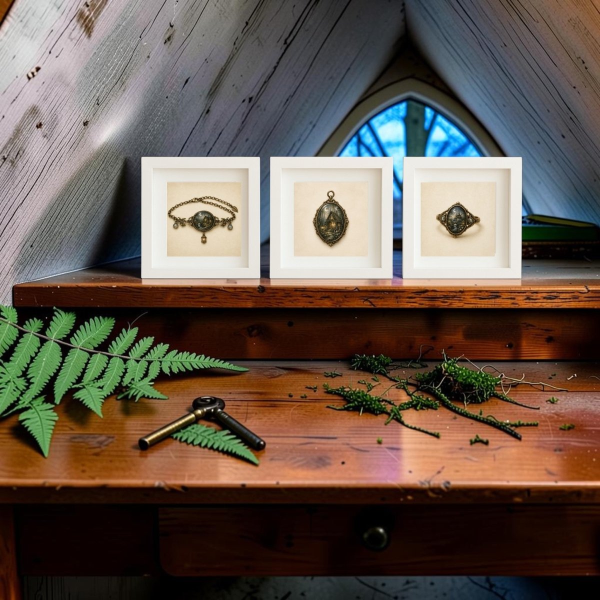 Three framed vintage jewelry pieces from the Mirabilia Boutique’s The Woodland Reliquary | Mirabilia Relics Trio are displayed on a wooden desk beneath an attic window. Fern leaves, moss, and an old magnifying glass are arranged nearby, creating a natural, antique ambiance reminiscent of woodland relics.