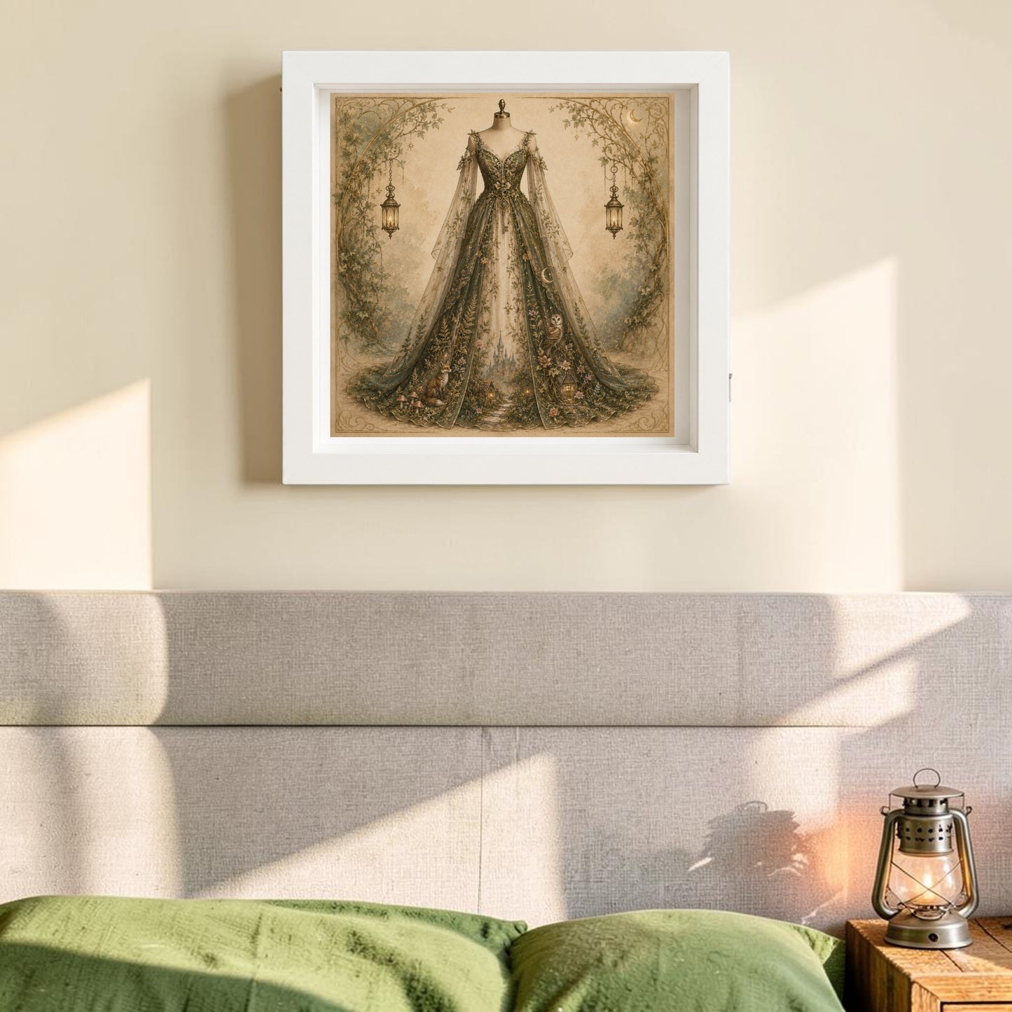 Woodland Whisper | Curated Couture Artwork by Mirabilia Boutique, framed and depicting an ornate vintage gown, hangs above a beige upholstered bed adorned with green bedding; a lantern rests on a wooden nightstand nearby, as sunlight casts gentle shadows across the wall.