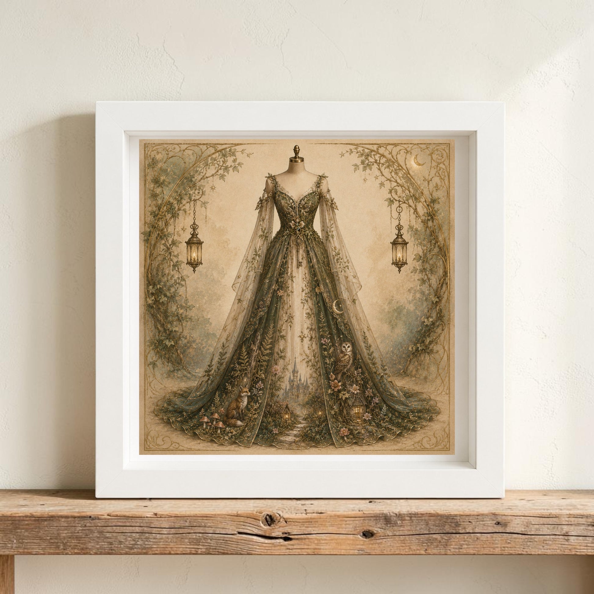 Framed couture artwork titled "Woodland Whisper" by Mirabilia Boutique, showcasing an ornate, vintage-inspired gown on a dress form with lace and floral accents, flanked by hanging lanterns and nestled among leafy vines. Part of the Enchanted Hollow Collection, this piece exudes woodland charm as its elegant frame rests gracefully on a rustic wooden shelf.