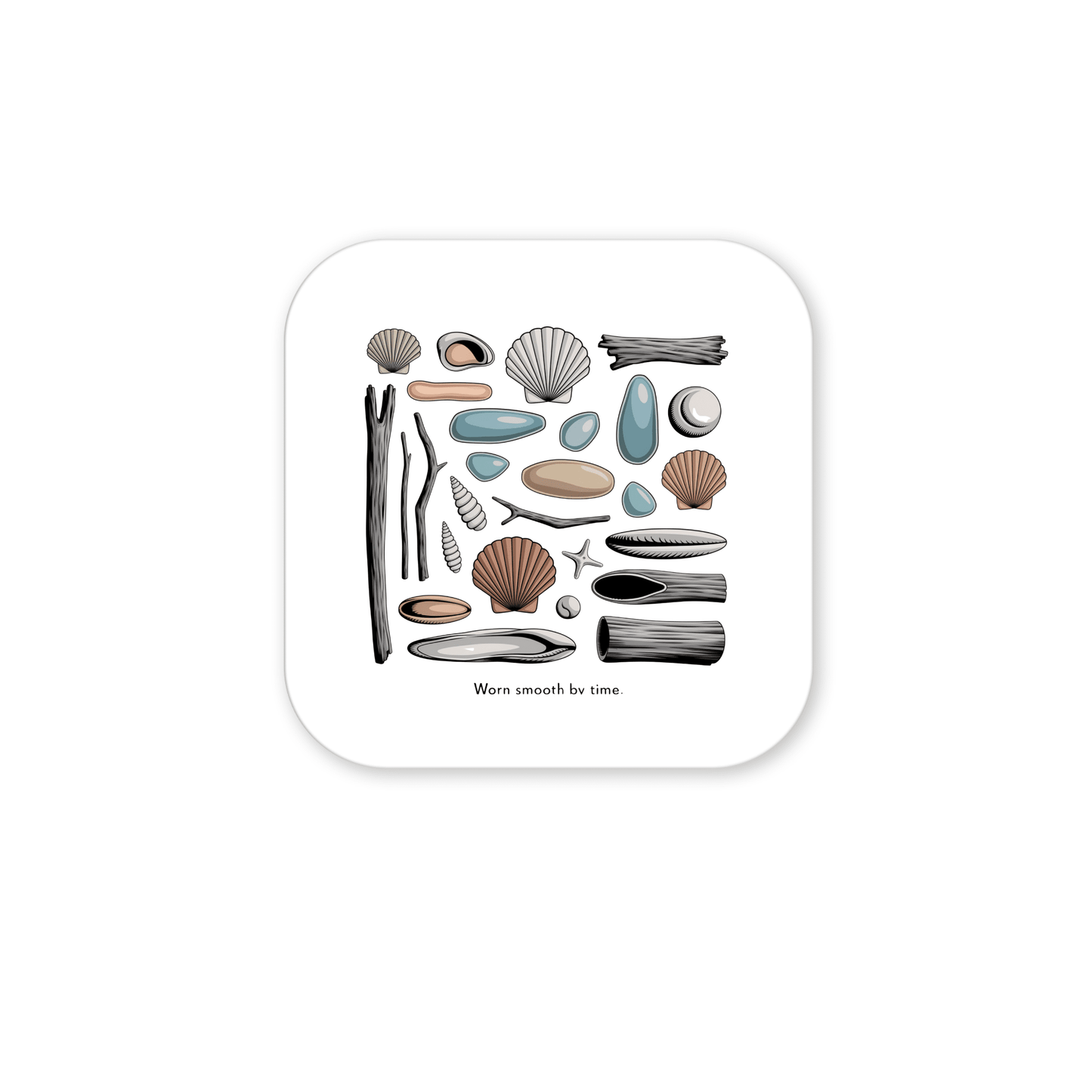 Mirabilia Boutique’s "Worn Smooth by Time Magnet – Coastal Driftwood & Shell Art" features assorted seashells, driftwood, pebbles, sea glass decor, and stones in a square pattern on white. Text: "Worn smooth by time.