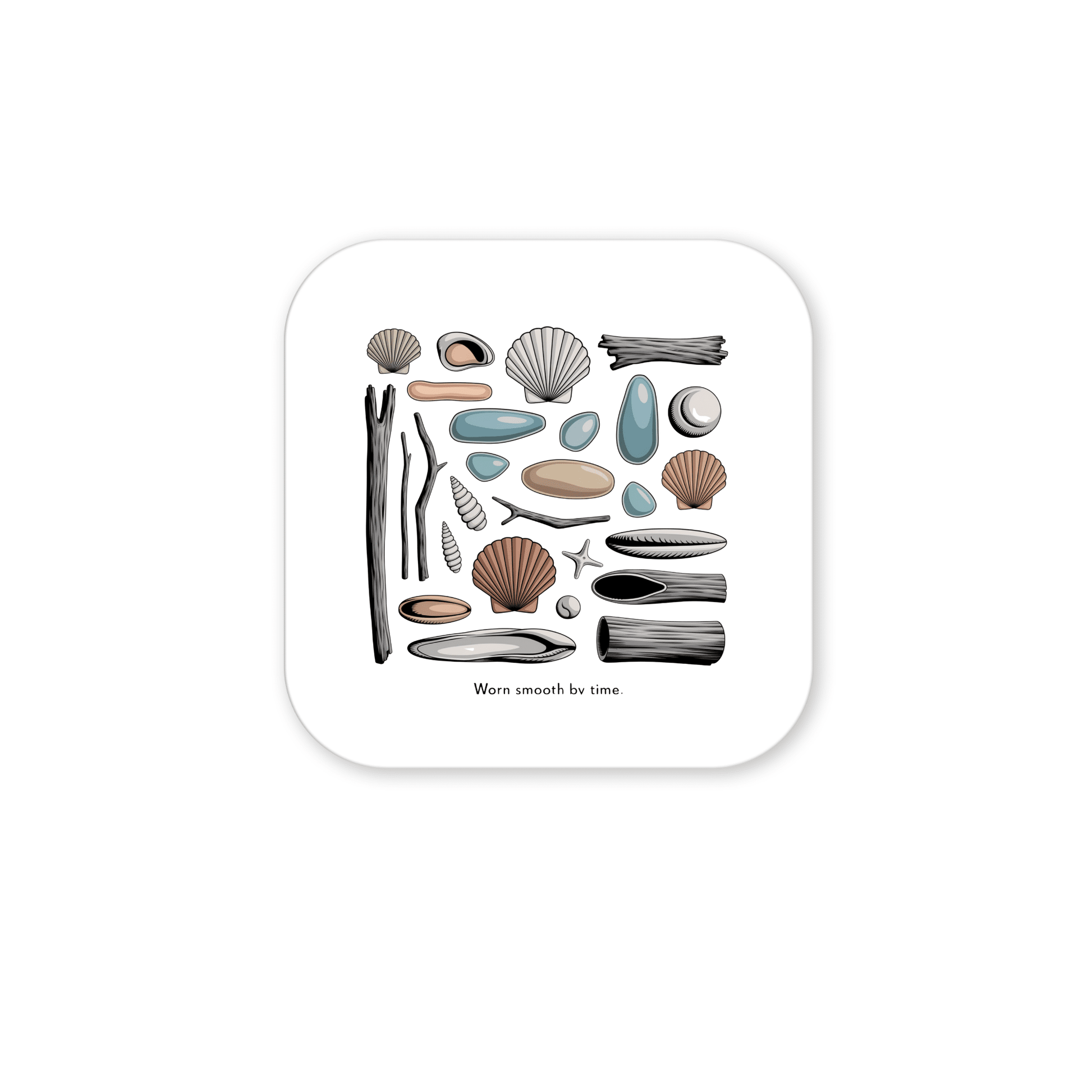 Mirabilia Boutique’s "Worn Smooth by Time Magnet – Coastal Driftwood & Shell Art" features assorted seashells, driftwood, pebbles, sea glass decor, and stones in a square pattern on white. Text: "Worn smooth by time.