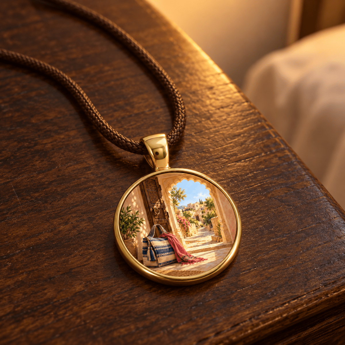 A Before the Road | Story Pendant featuring a gold-rimmed round design on a brown cord, showcasing a miniature image of a sunny Mediterranean stone patio with a tote bag and shawl near an arched doorway.