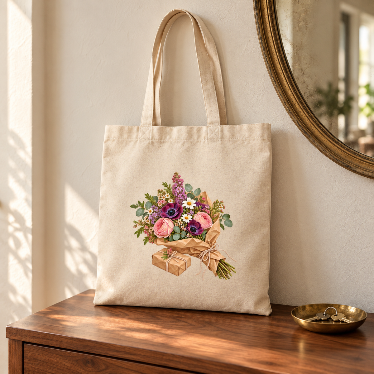 Market Morning Tote Bag | Paris Toujours natural canvas tote featuring a floral illustration of a bouquet wrapped in brown paper with a matching small gift box.