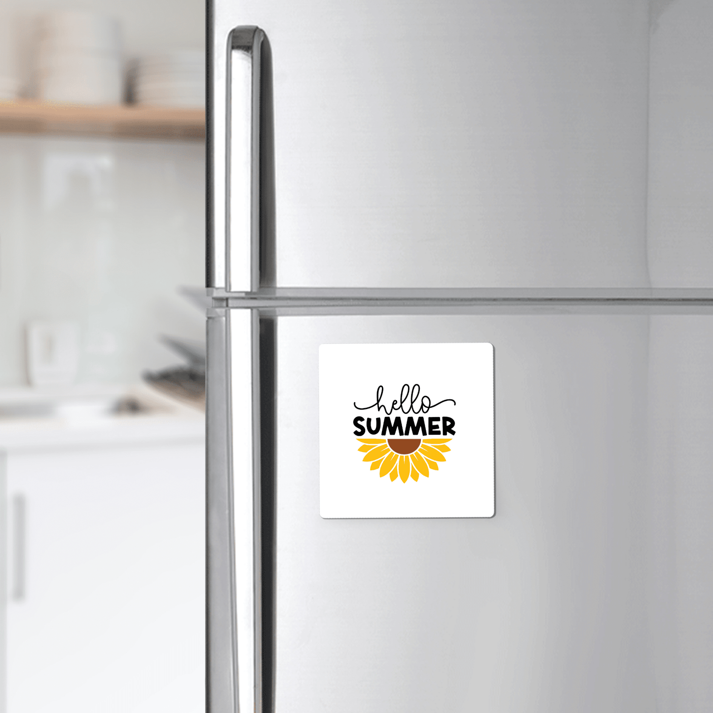 The Hello Summer Sunflower Magnet – Bright Floral Fridge Art by Mirabilia Boutique adds a cheerful touch with "hello SUMMER" above a sunflower—perfect for brightening your fridge or as a sunny summer gift.