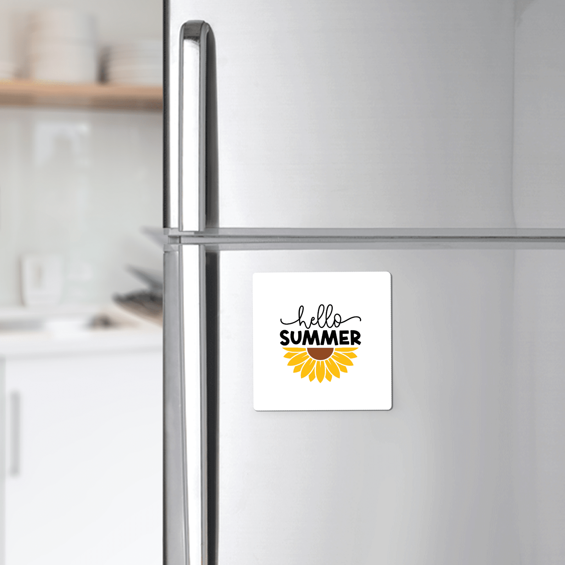 The Hello Summer Sunflower Magnet – Bright Floral Fridge Art by Mirabilia Boutique adds a cheerful touch with "hello SUMMER" above a sunflower—perfect for brightening your fridge or as a sunny summer gift.