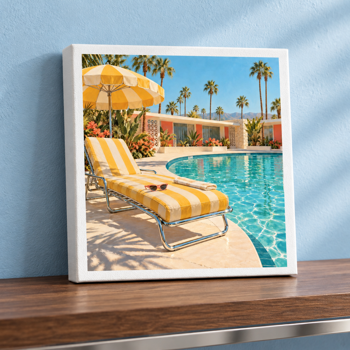 The Afternoon at the Pool Canvas | Chrome & Starlight by Mirabilia Boutique shows a yellow-striped lounge chair and umbrella by a pool with palms and blue sky, displayed on a wooden shelf against a light blue wall.