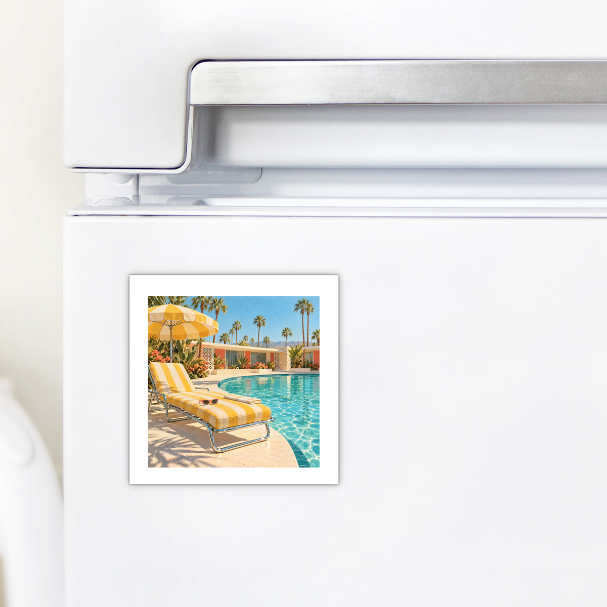 Add poolside charm to your kitchen with the Afternoon at the Pool Magnet | Chrome & Starlight by Mirabilia Boutique—featuring a lounge chair, umbrella, and palm trees under a clear sky.