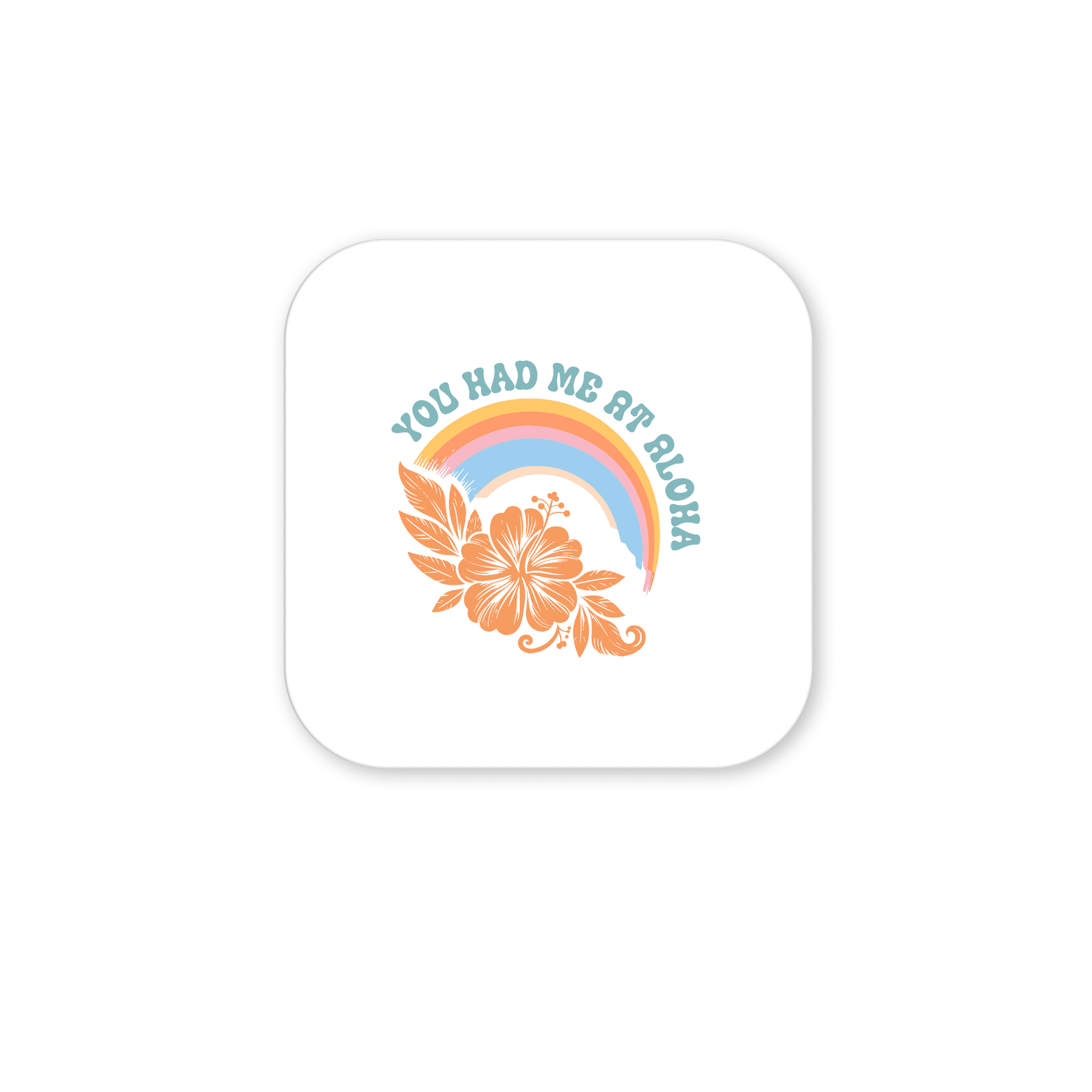 The "You Had Me at Aloha Magnet – Tropical Rainbow & Hibiscus" from Mirabilia Boutique features a pastel rainbow, orange hibiscus, and blue text—a charming fridge or beach house decor accent.