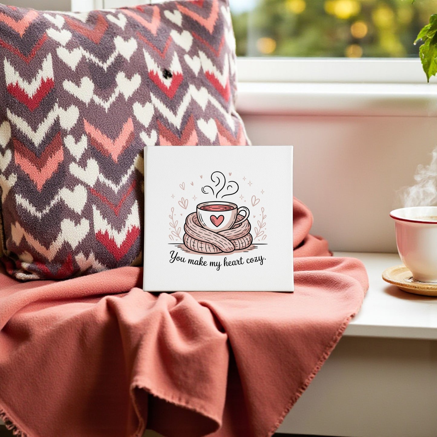 Create a cozy vibe with the "You Make My Heart Cozy" canvas by Mirabilia Boutique—a warm Valentine’s gift or charming coffee decor featuring a sweet teacup design, perfect for a romantic touch to your favorite space.