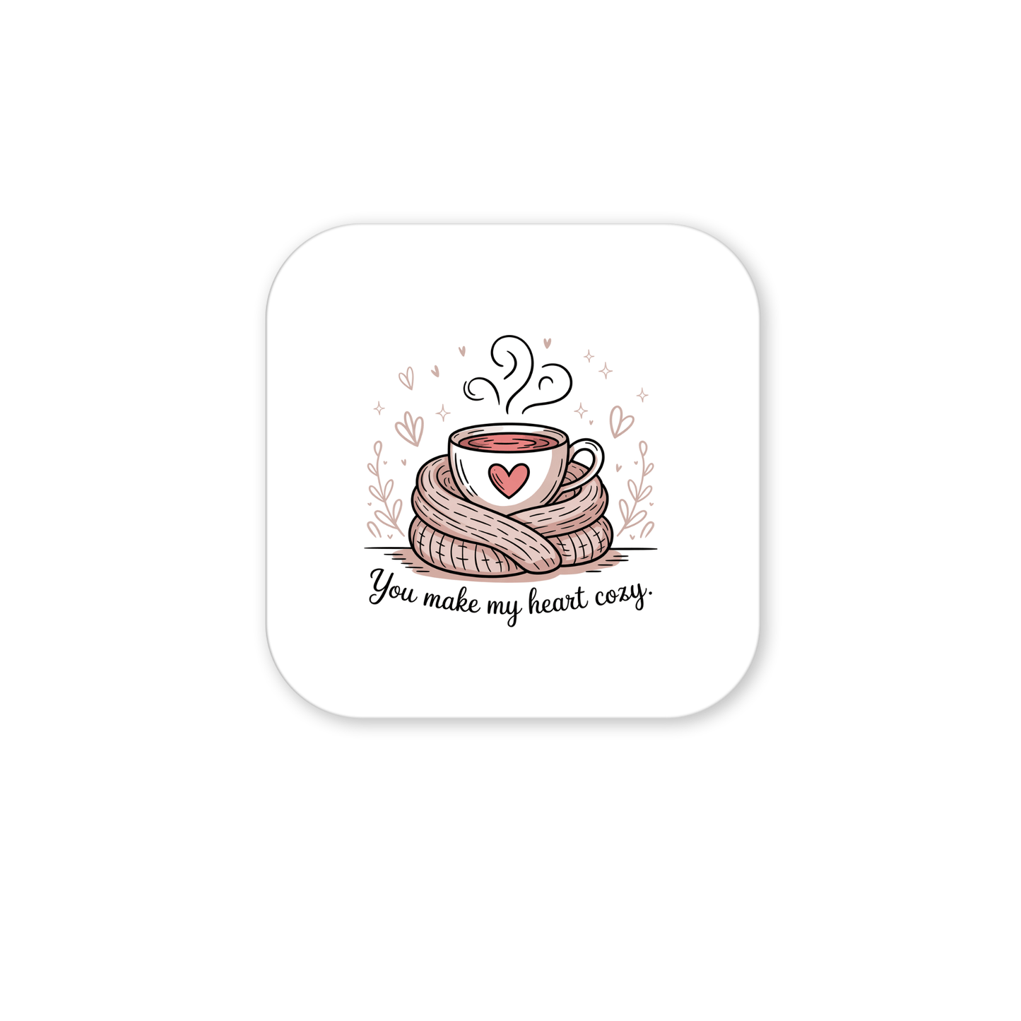 The Cozy Heart Magnet by Mirabilia Boutique features a steaming cup with a heart design, wrapped in a scarf and surrounded by hearts, with the text "You Make My Heart Cozy." A charming romantic gift for any cocoa lover.