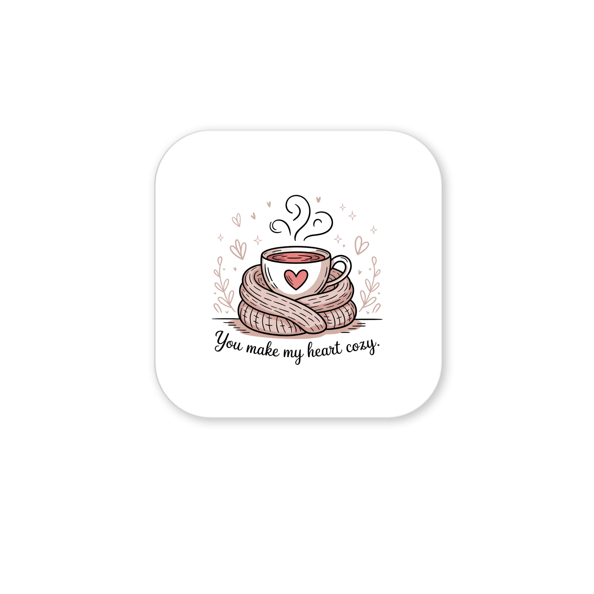 The Cozy Heart Magnet by Mirabilia Boutique features a steaming cup with a heart design, wrapped in a scarf and surrounded by hearts, with the text "You Make My Heart Cozy." A charming romantic gift for any cocoa lover.