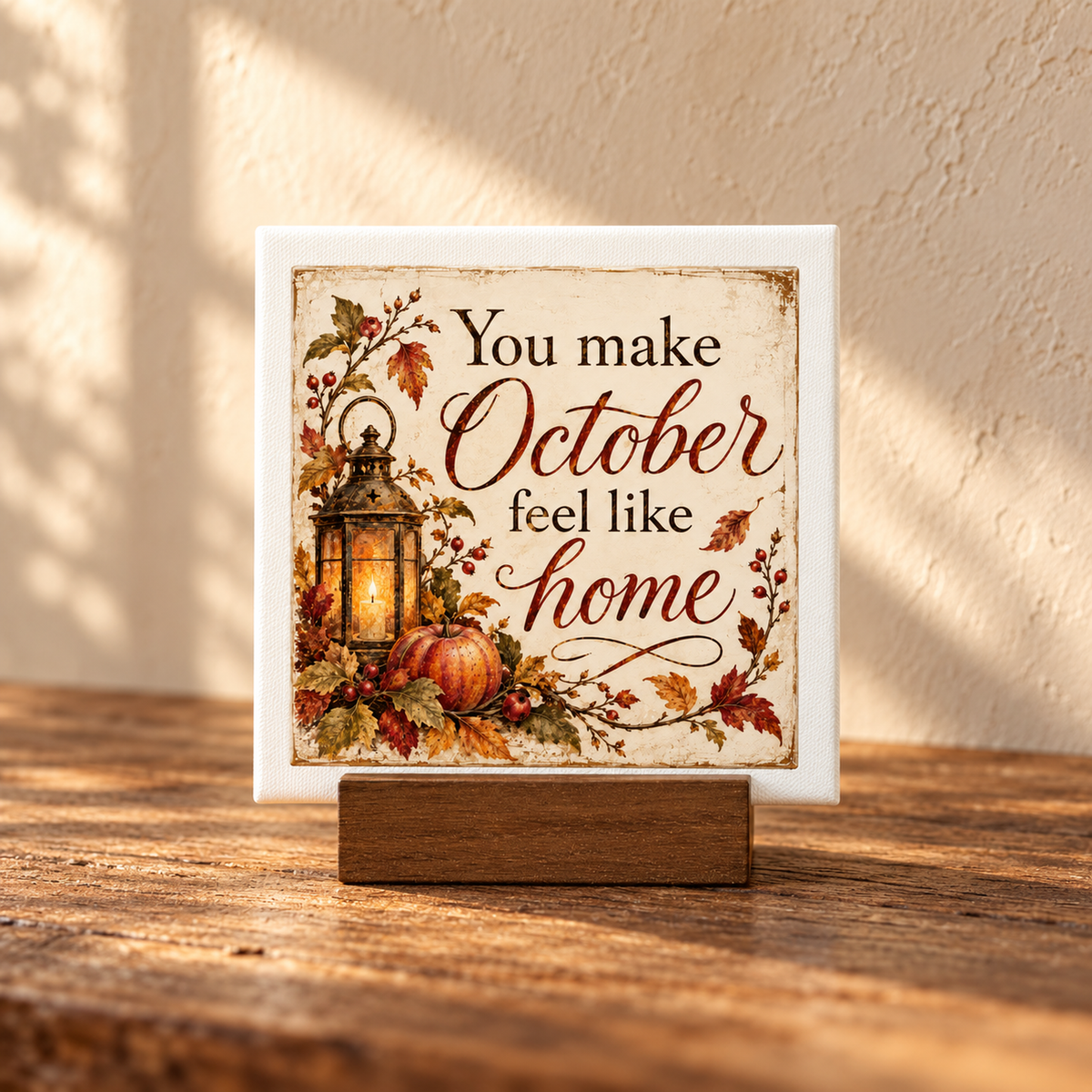 The You Make October Feel Like Home Mini Canvas Sign by Mirabilia Boutique features autumn leaves, a lantern, and a pumpkin—perfect as an October gift. It comes with a wooden stand for display.