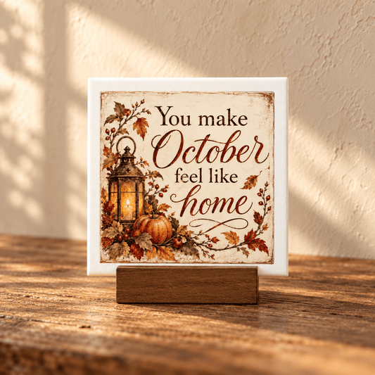 The You Make October Feel Like Home Mini Canvas Sign by Mirabilia Boutique features autumn leaves, a lantern, and a pumpkin—perfect as an October gift. It comes with a wooden stand for display.