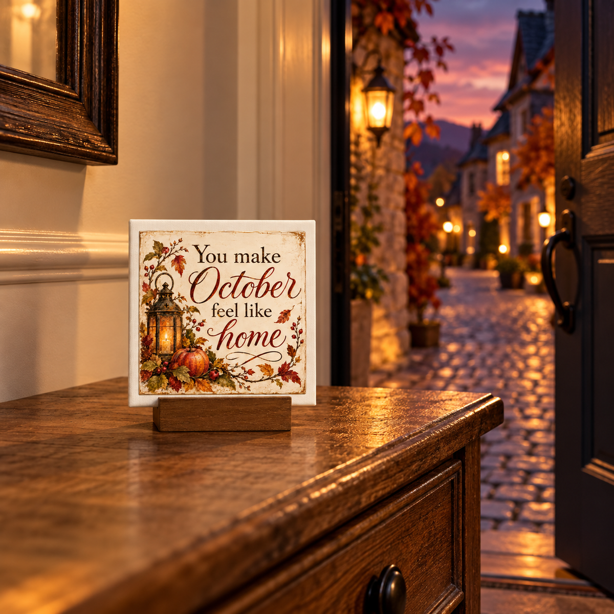 A You Make October Feel Like Home Mini Canvas Sign by Mirabilia Boutique rests on a wooden table with autumn leaves and pumpkins, while fall decor lines a cobblestone street at sunset through an open door.